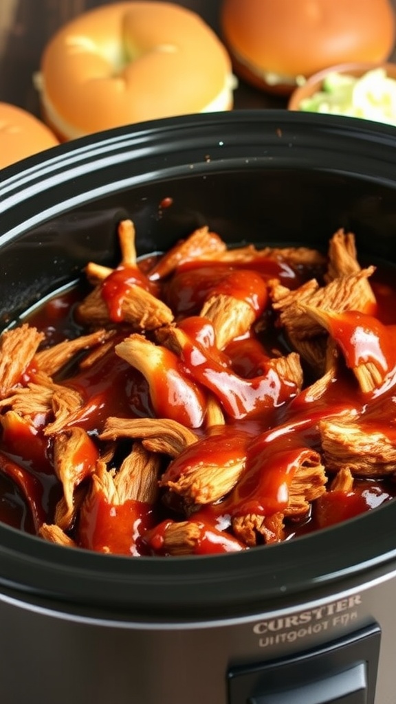 Shredded BBQ chicken in a slow cooker with buns and coleslaw on the side.